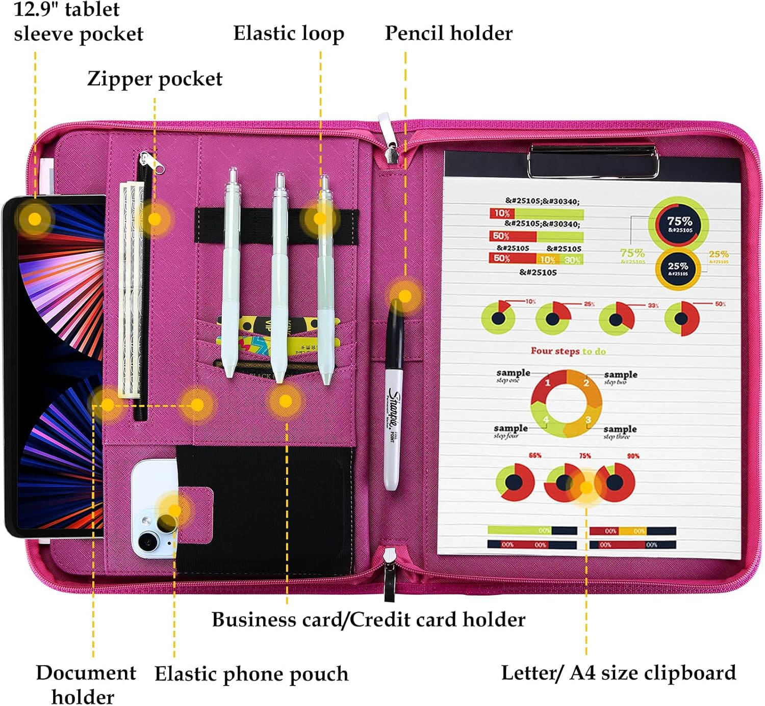 ProCase Portfolio Business Padfolio Folder with Zipper, Document Organizer with Pockets Letter Size A4 Writing Pad Padfolio -Magenta