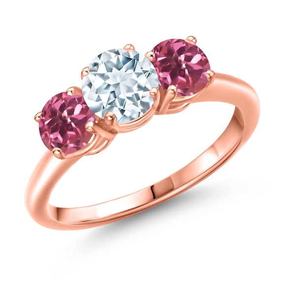 Gem Stone King 18K Rose Gold Plated Silver Sky Blue Aquamarine and Pink Tourmaline Engagement Ring for Women | 1.79 Cttw | Round 6MM | Gemstone March Birthstone | Size 6