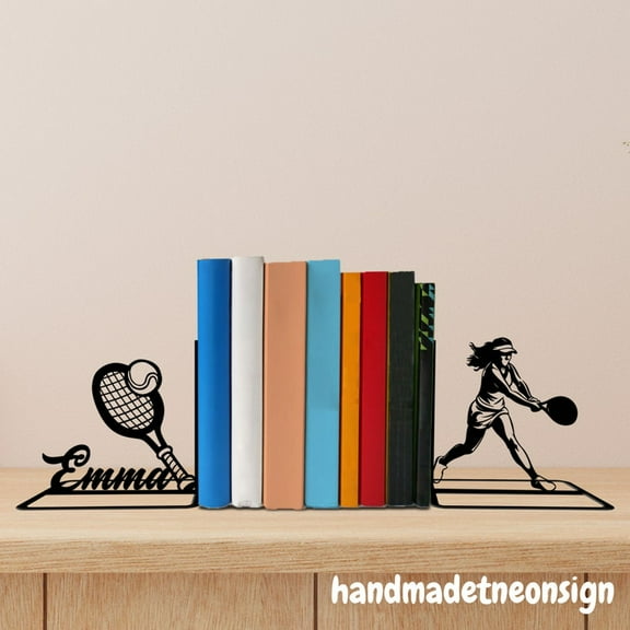 Handmadetneonsign Tennis Metal Bookends, Tennis Player Name Bookend, Sport Table Bookshelf Decor 042865