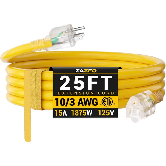 ZAZFO 25ft 10 Gauge Extension Cord, 3 Prong 5-15P to 5-15R, SJTW with Power Indicator Light, Heavy Duty Flexible Durable, Yellow Waterproof for Outdoor Use