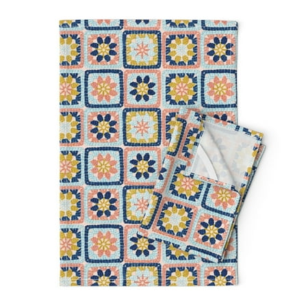 

Printed Tea Towel Linen Cotton Canvas - Squares Spring Easter Crochet Vintage Look Knitting Print Decorative Kitchen Towel by Spoonflower