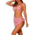 thumbnail image 4 of Conjuntos de bikini de 3 piezas para mujer, con escote halter, trajes de baño de malla con pareo y falda de playa, traje de baño pequeño en color rosa, 4 of 5
