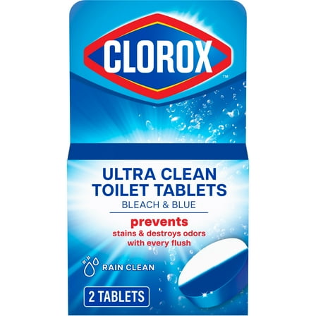 Clorox Bleach and Blue Toilet Bowl Cleaner Tablets, Rain Clean, 2 Count