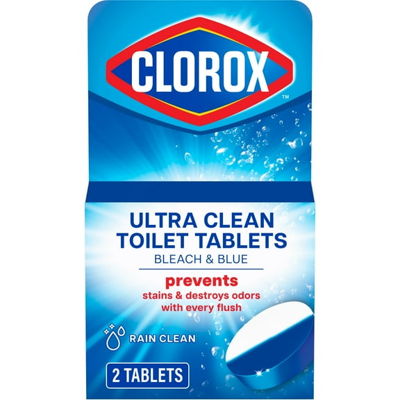 Clorox Bleach and Blue Toilet Bowl Cleaner Tablets, Rain Clean, 2 Count