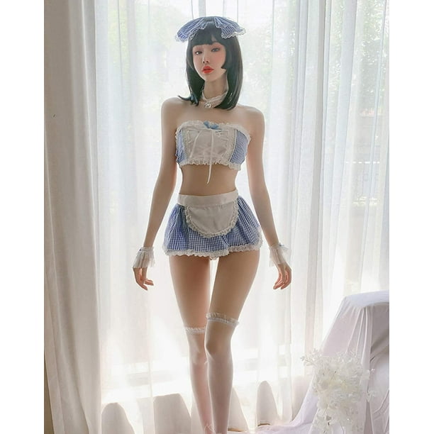 Women Maid Costume Sexy Lingerie Bikini Ruffles Anime Lolita Cosplay Bra and  Mini Skirts Lingerie Set 