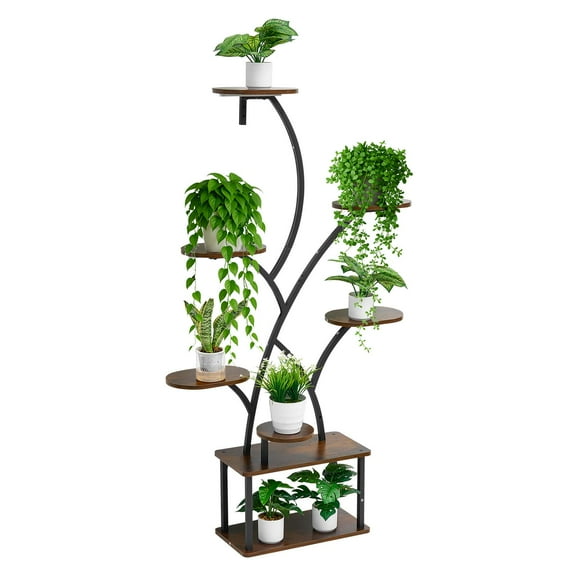 KFFKFF Indoor Plant Stand with Grow Lights, 62-Inch Tall 8-Tier Shelf, Metal Corner Plant Holder, Adjustable Timer & Brightness, Tree-Shaped Display Rack for Living Room or Balcony