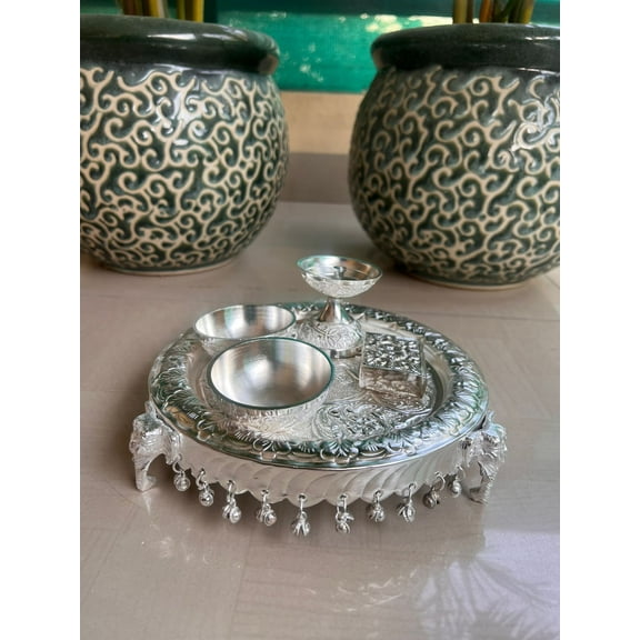 Indiancraftsbykanika German Silver Pooja Thali Set, 5 Pieces, Silver