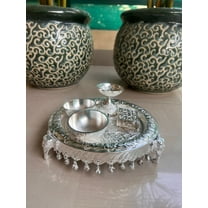 Indiancraftsbykanika German Silver Pooja Thali Set, 5 Pieces, Silver