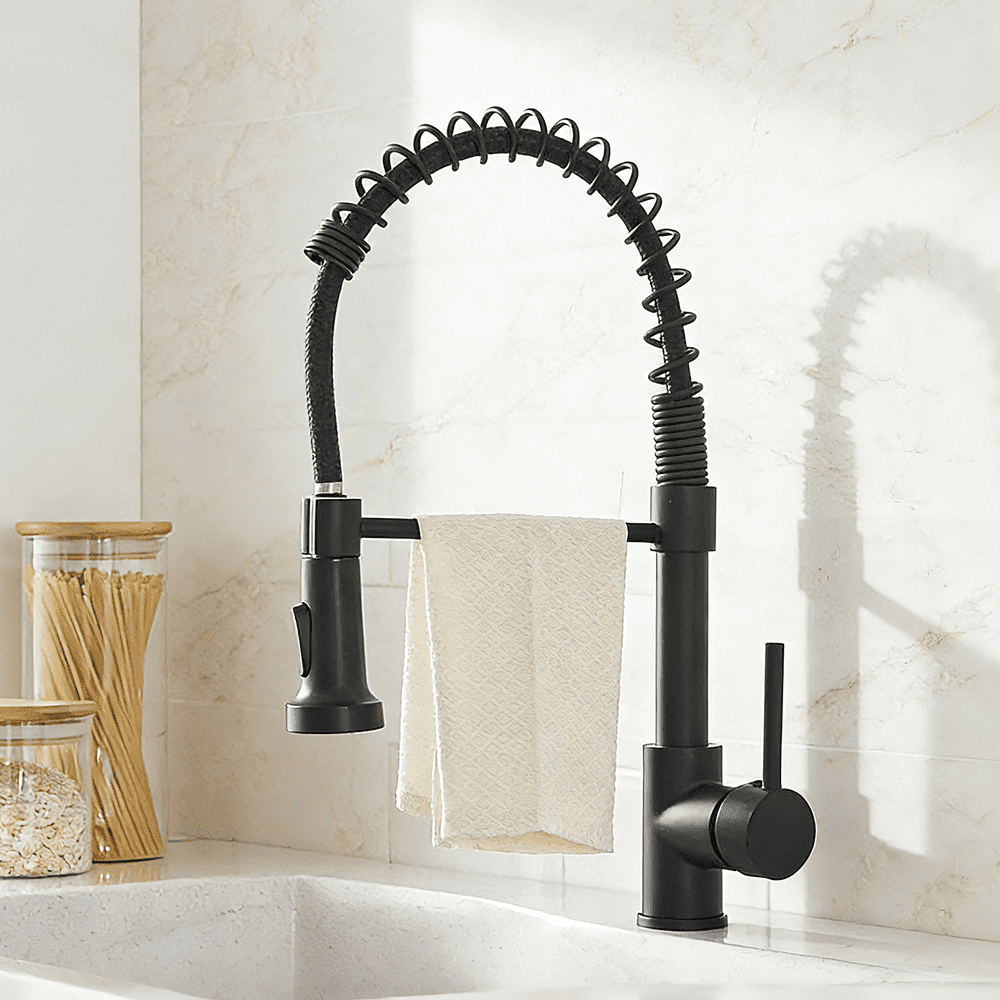 Matte Black Kitchen Faucet with High Arc Spring Spout, Commercial Grade 304 Stainless Steel & E-Coating for Rust/ Corrosion Resistance, 2 Spray Modes, for Bar, RV Sink