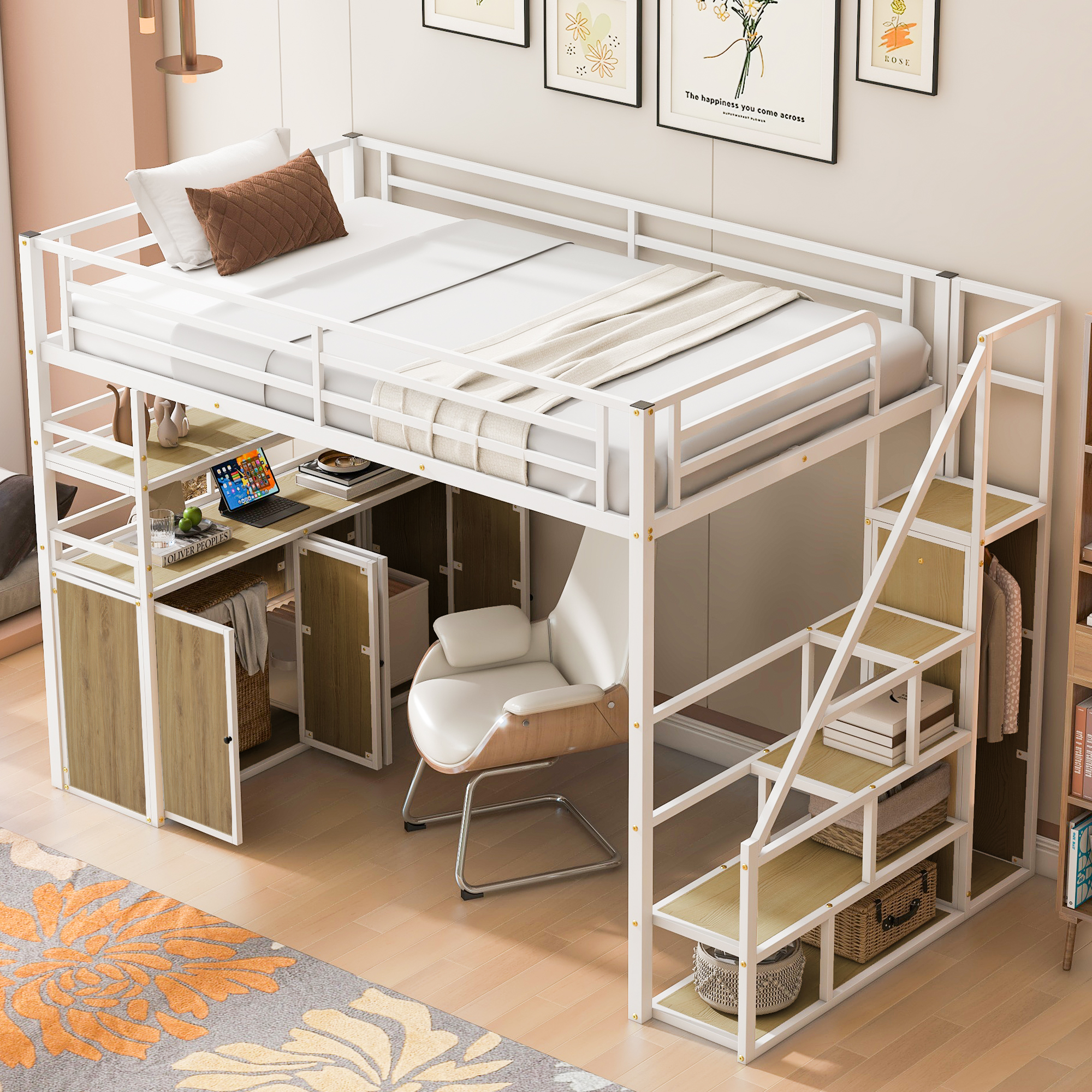 Euroco Metal Full Size Loft Bed with Desk and Wardrobe, Storage Staircase and Lockers for Kids Teens, White