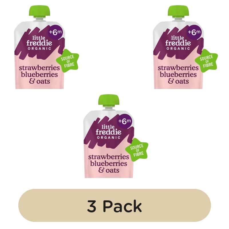 Little Freddie Organic Strawberry, Blueberry & Oats Baby Food Pouch 6+ M 100g, British Import (Pack of 3)