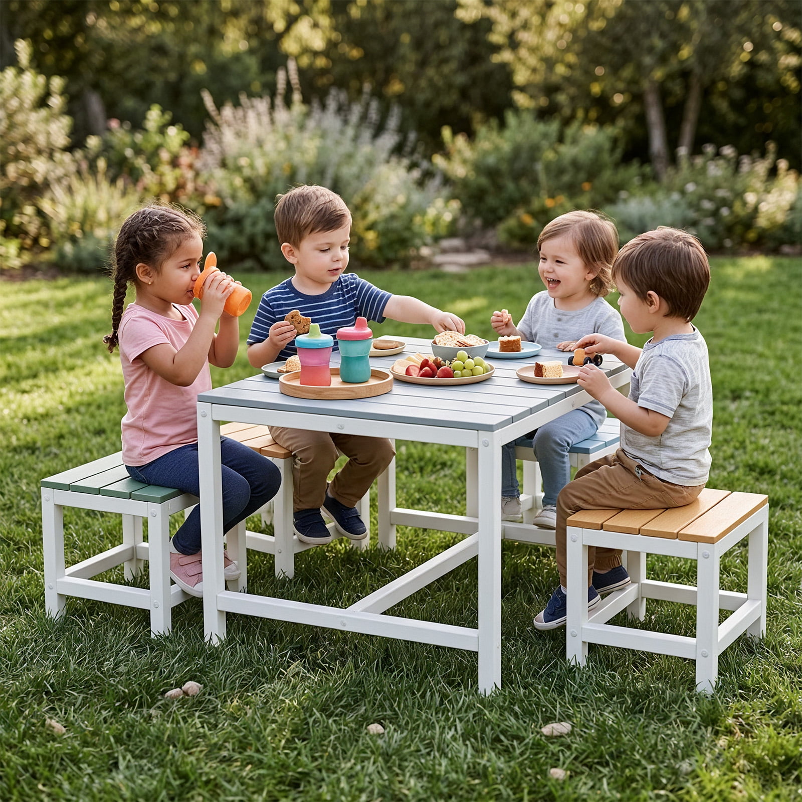 5-Piece Children's Patio Table And Chair Set (1 Table + 4 Stools), 29.5 Inches, Blue-Khaki, Light Orange, Blue-Green Color Blocking