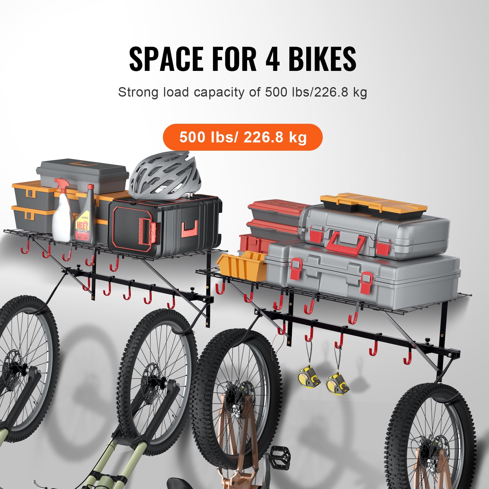KFFKFF Bicycle Storage Solution, Wall-Mounted Rack for 4 Bikes, Includes Dual Shelving, Home & Garage Space Saver, Adapts to Different Bicycle Sizes