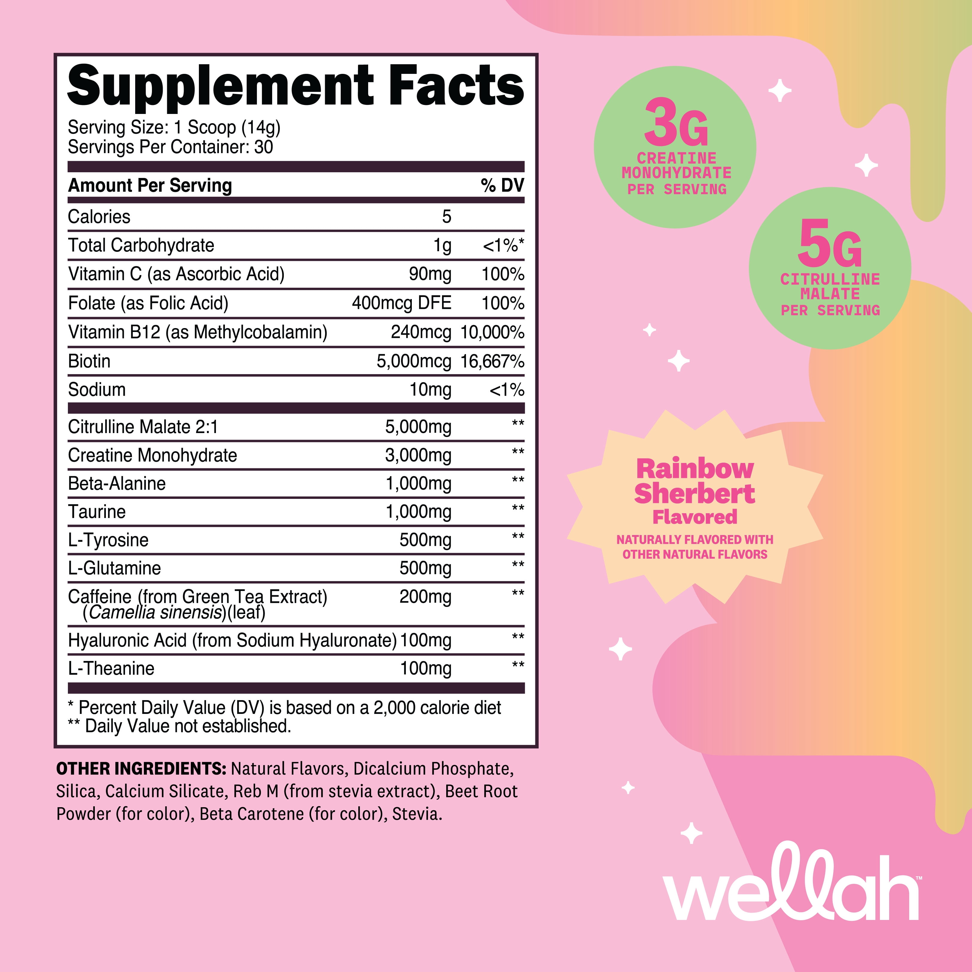 Wellah Pre-Workout + Creatine Powder (30 Servings) Rainbow Sherbert - 200mg Caffeine, 3g Creatine Monohydrate, 5g Citrulline Malate, Pre-Workout with Creatine Supplement