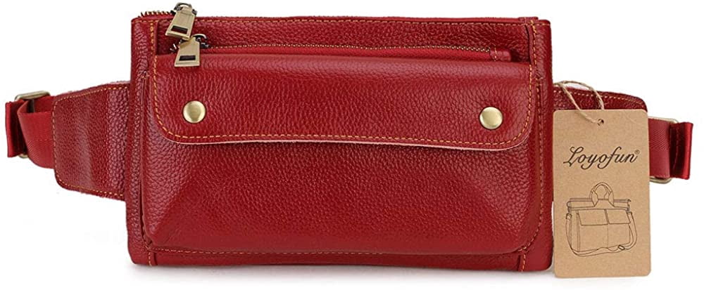 Loyofun Unisex Brown Genuine Leather Waist Bag Messenger Fanny Pack Bum Bag For Men Women Travel Sports Running Hiking