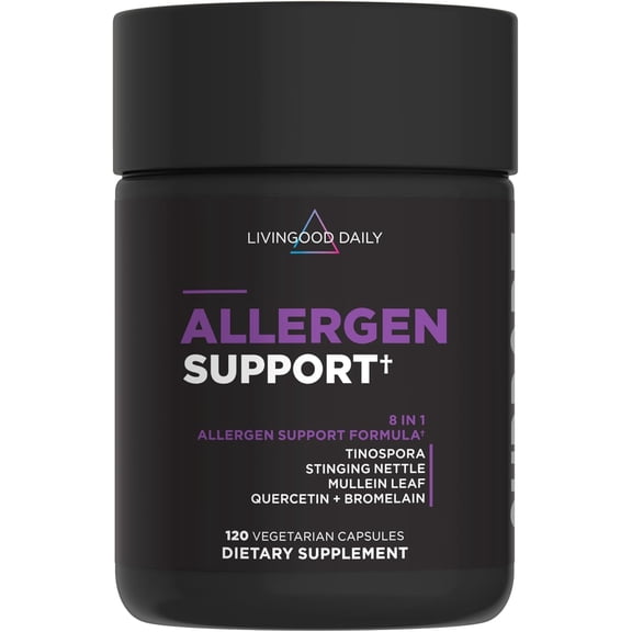 Livingood Daily Allergen Support, Natural Allergy Supplement with Vitamin C, Quercetin, Nettle Leaf, Zinc, Bromelain & Tinospora, Non GMO, Vegan, Immune Support Formula, 120 Vegetarian Capsules