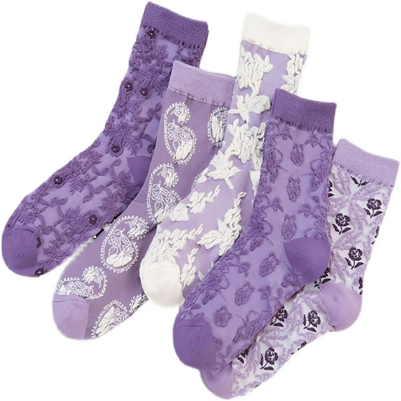 TELOLY Vintage Floral Patterned Cotton Crew Socks, Pretty Ruffle Frilly Lace Socks for Women and Teen Girls