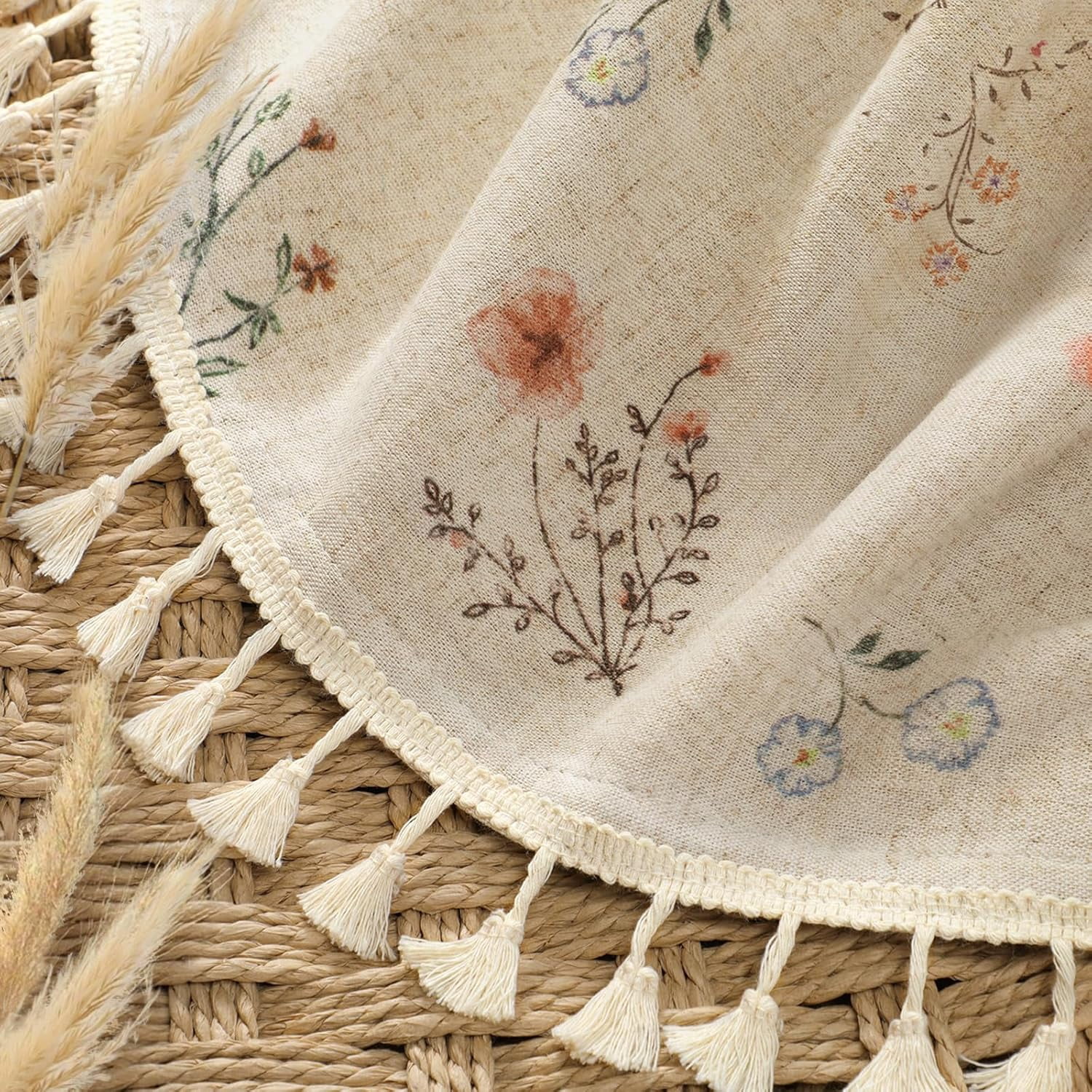 Psoiuetr Floral Farmhouse Vintage Linen Shower Curtain, French Country Shower Curtains for Bathroom with Tassels, 72Wx72H
