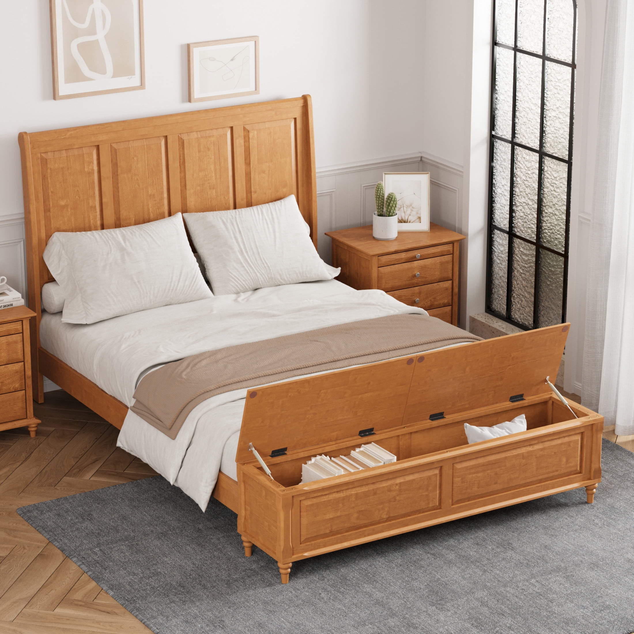 GDF Studio Queen Size Solid Wood Sleigh Bed with Tall Headboard and Storage Bench, Natural