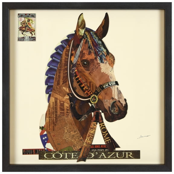 "Graceful Gallop" Alex Zeng’s dimensional collage, under glass & a black shadow box frame