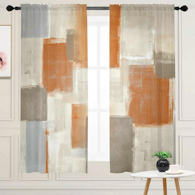 Orange Grey Curtains for Living Room Multicolor Checkered Curtains 63 Inch Length 2 Panels Set, Abstract Geometry Art Window Curtains Bedroom Drapes Rod Pocket