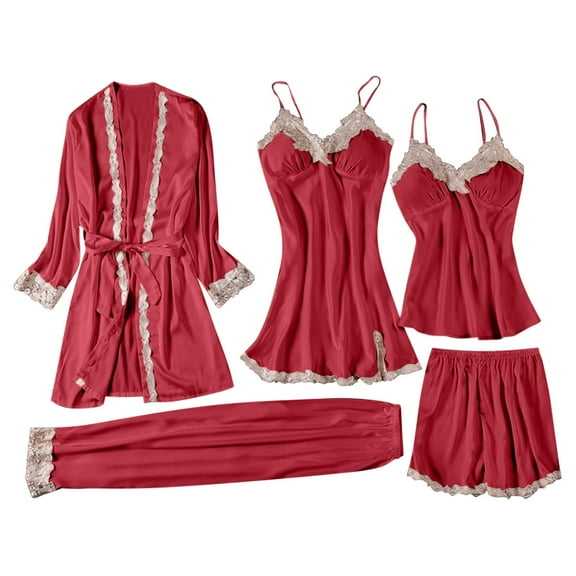 Tnhcen Wome's Pajama Sets 5 Pieces Silk Lace Border Pajama Set Soft Robe Spaghetti Straps Top Camisole Long Pants Shorts Sleepwear Set Cute Lounge Homewear S-3XL