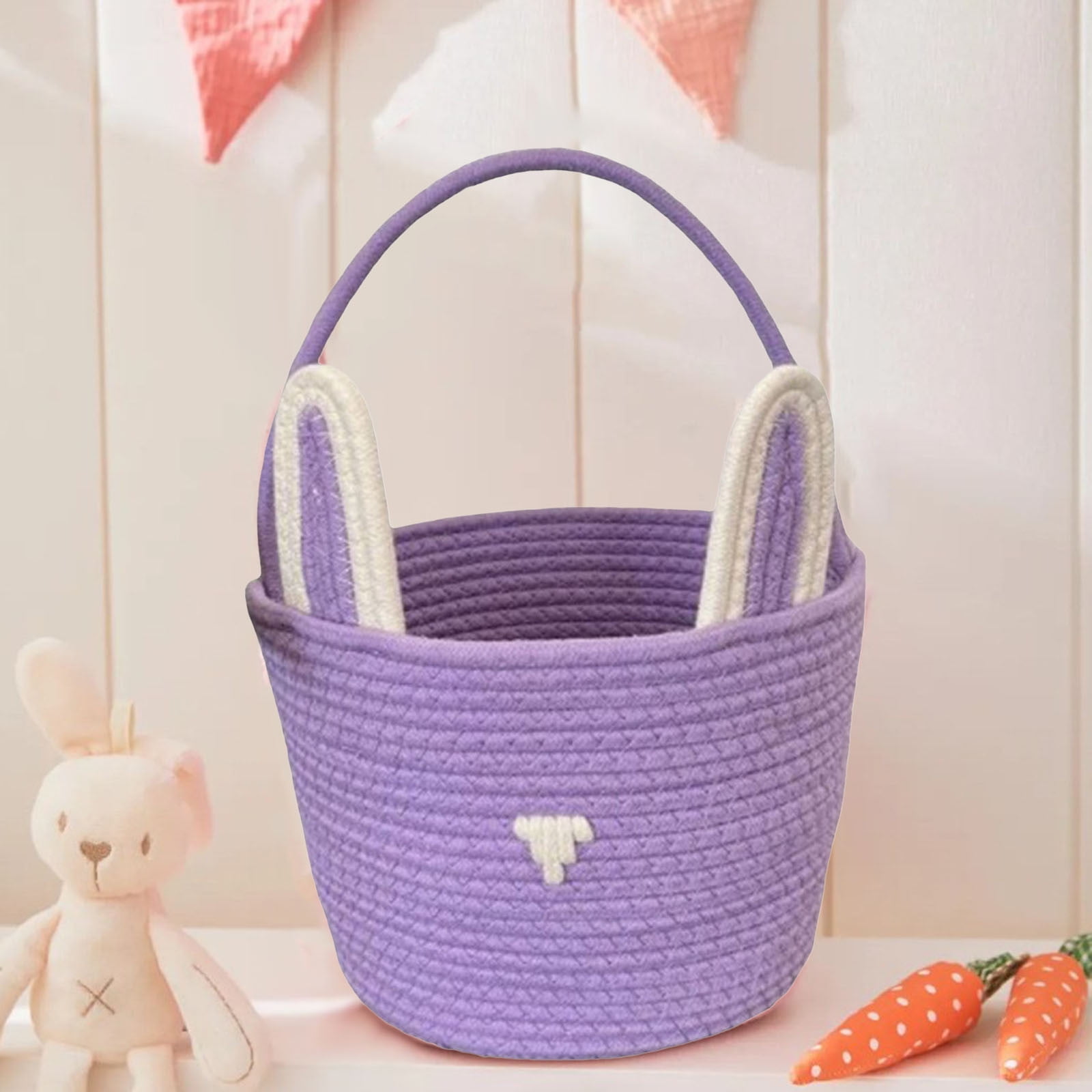 Easter Bunny Basket for Kids, Rabbit Ear Egg Bucket, 9.5" x 6.3" x 6.3" Portable Tote for Candy Storage, Easter Party Decor, and First Easter Gifts for Boys & Girls