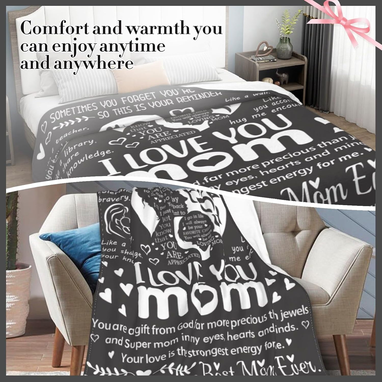 I Love You Mom Blanket for Mom, Valentines Gifts for Mom from Daughter Son, Birthday Gifts for Women Who Has Everything, Blanket Gift for Her, I Love You Mom Throw Blanket
