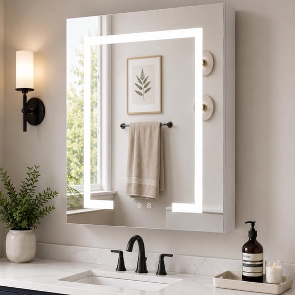 ICEELF LED Medicine Cabinet with Mirror, 24"W x 30"H Bathroom Mirror Cabinet, Defogger, 3 Color Dimmable Lights, 2 AC Outlets, 2 USB Ports