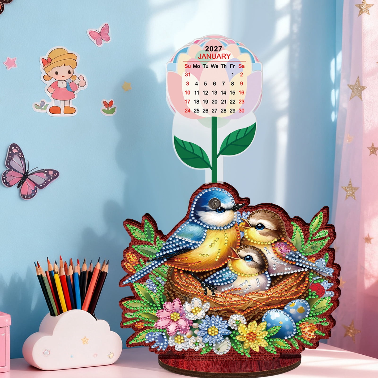 FLOPESN 2026-2027 Wooden Desktop Calendar DIY Diamond Art Painting Kits,Creative Design PVC Insert Home Decor Ornament-Bird