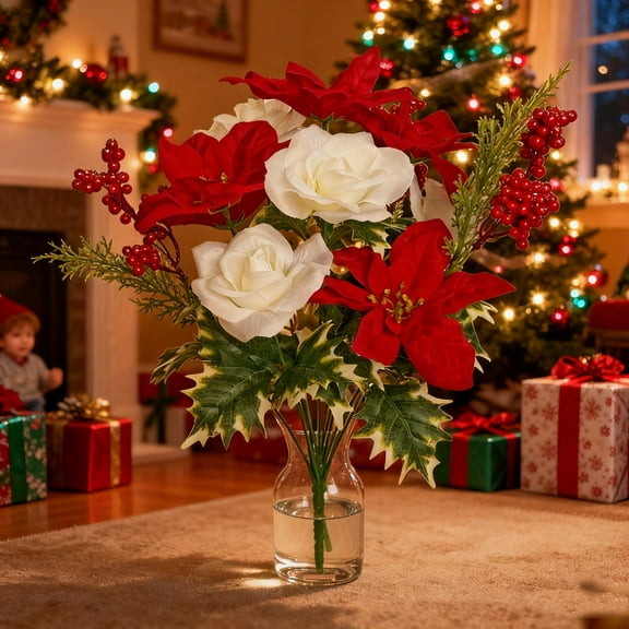 Artificial Poinsettias Christmas Flowers 17inch Cemetery Silk Christmas Floral Arrangements with Lily Rose Red Holly Berries Winter Flowers Christmas Picks for Xmas Home Vase Table Grave