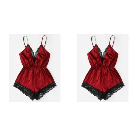 (2-Pack) Rinsvye Fashion Women Sexy Clothes for Women Sexy Girl V-Neck Lace Splice Sexy Pajamas for Women Back Opening Bodysuit Sleepwear Bodydoll