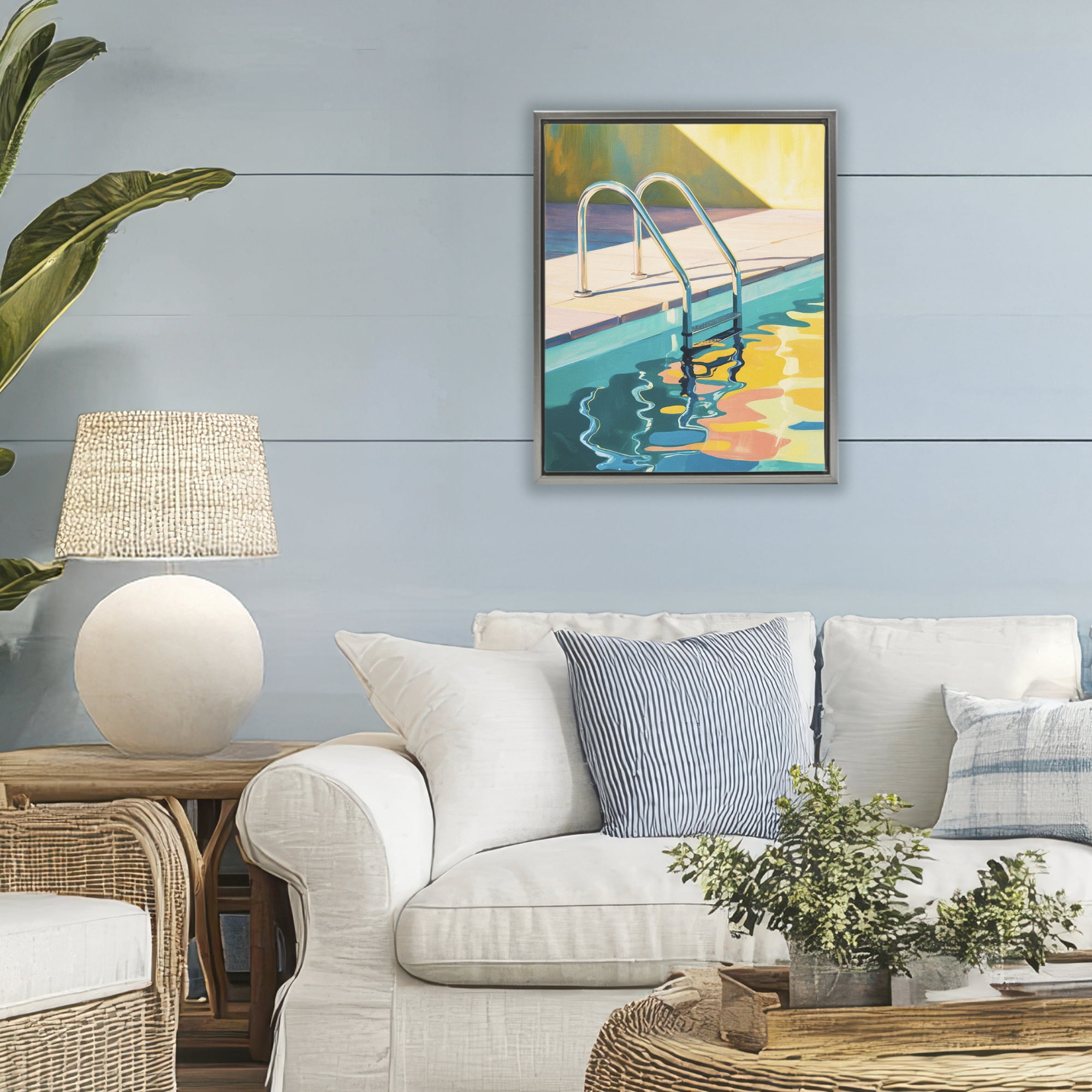 Stupell Industries Pool Ladder At Sunset Gray Framed Floater Canvas Wall Art, design by Andreas Magnusson