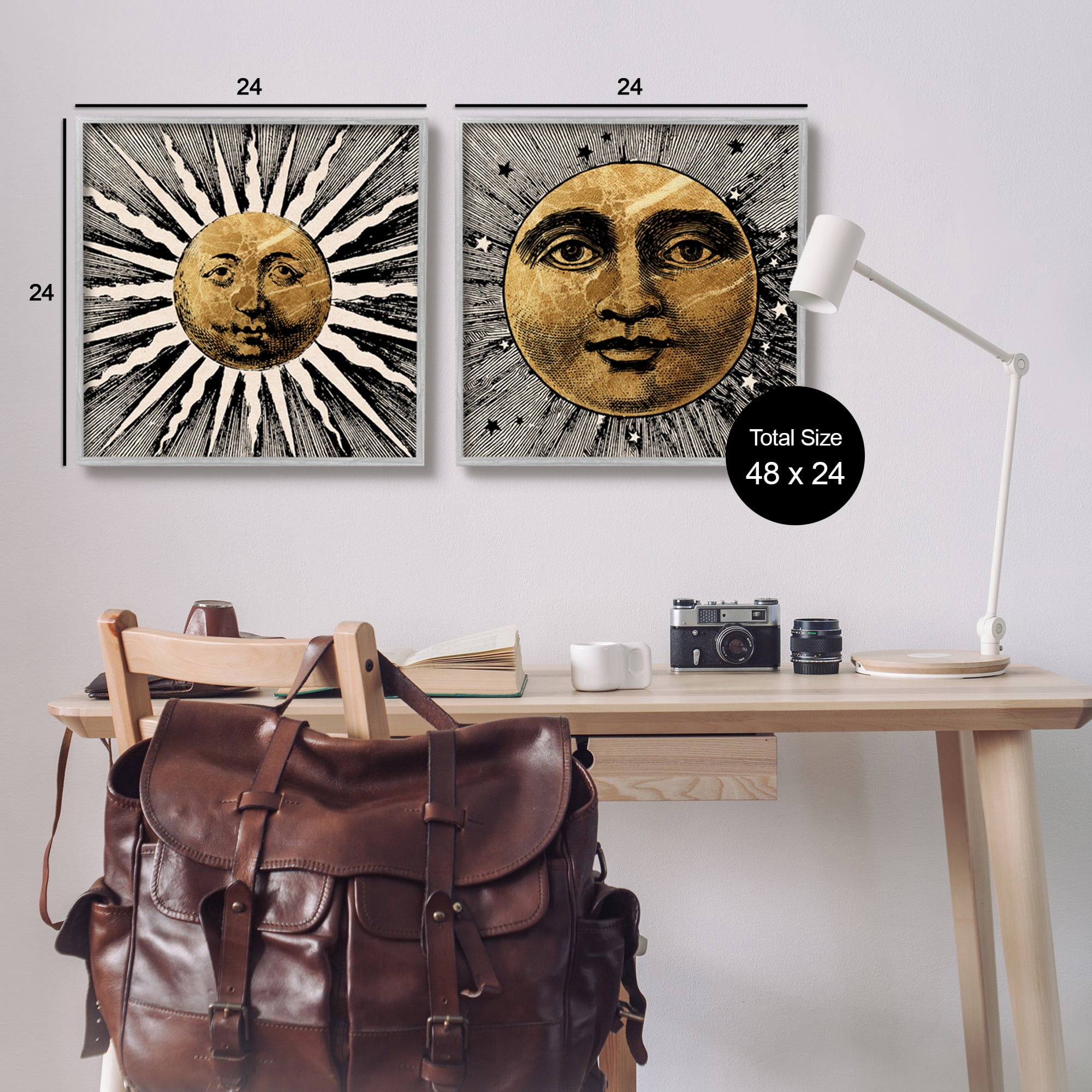 Stupell Industries Boho Sun & Moon Landscape Painting Gray Framed Art Print Wall Art, 24 x 24