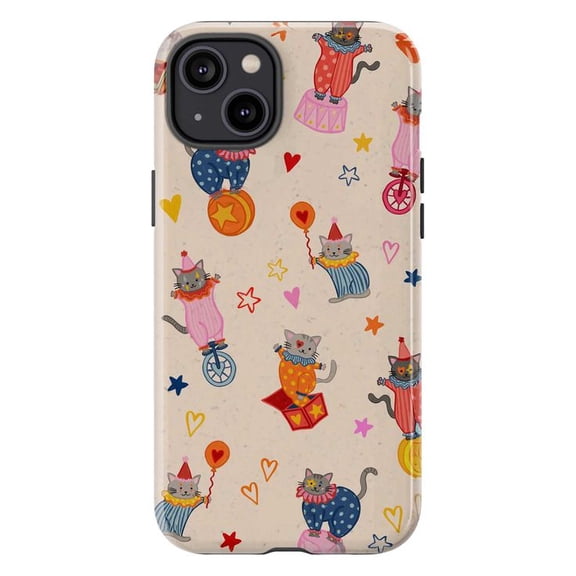 Circus Cats Phone Case, Playful Clown Cats & Colorful Stars Pattern iPhone Cover, Whimsical Pastel Design for iPhone 16 15 14 13 12 11 Pro Plus Max Mini