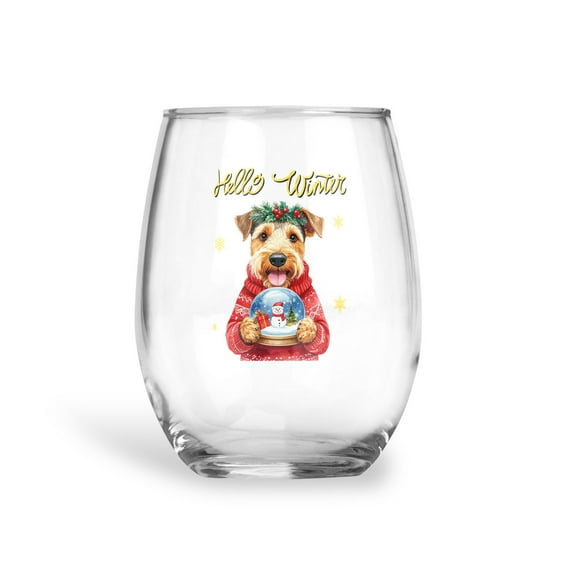 Hello Welcome Winter Airedale Terrier Holding Snow Globe Snowman 15oz Stemless Wine Glass Mug Dale Waterside Dog Lover Wine Glasses Cup - 13015