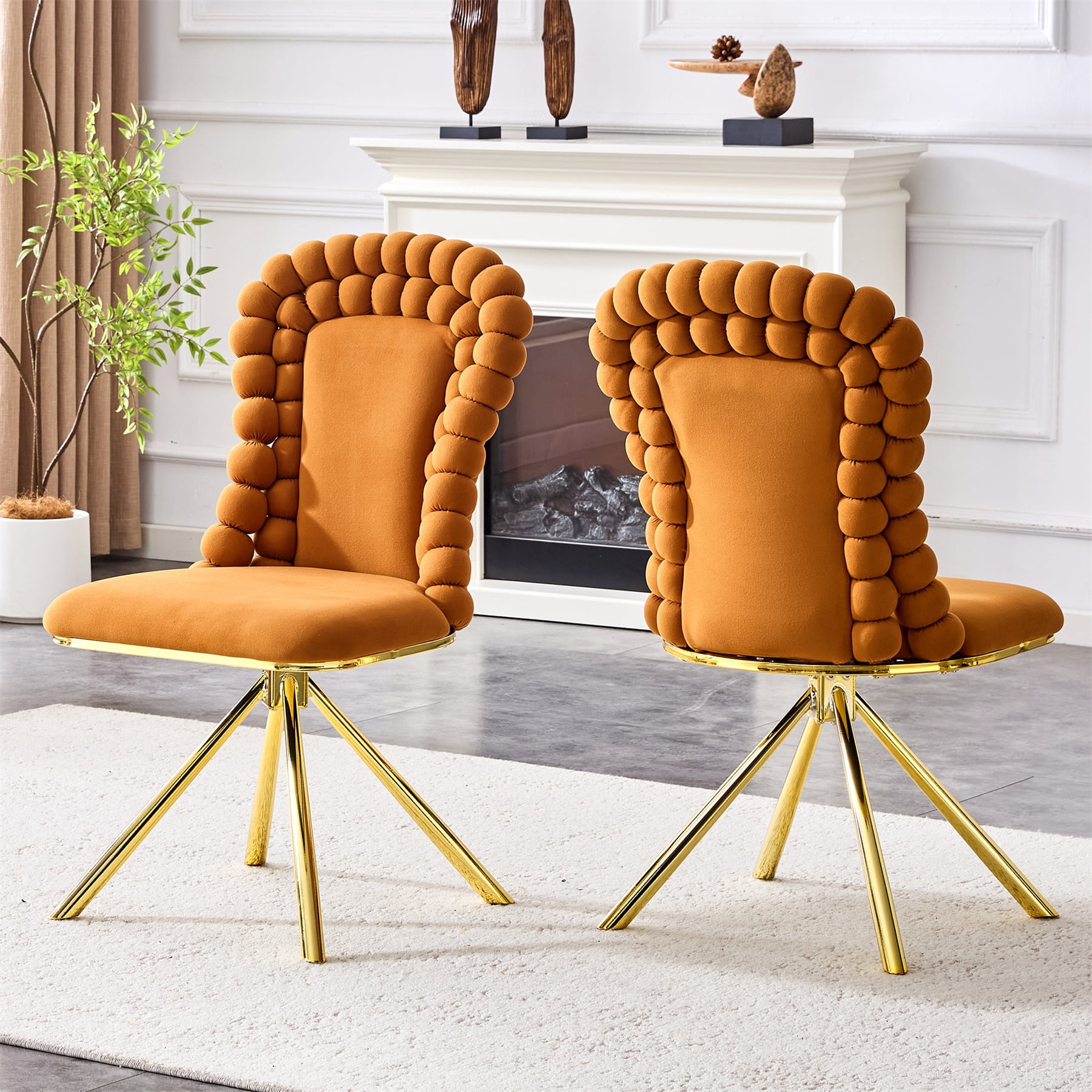 Alvantor Velvet Bubble Dining Chairs, Orange, Set of 2 with Metal Legs