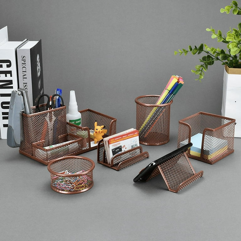 Rose Gold Desk Organizer Set for Home Office Supplies and Accessories,  Includes Mesh Wire Pen, Pencil, Business Card, Note, and Paper Clip Holders