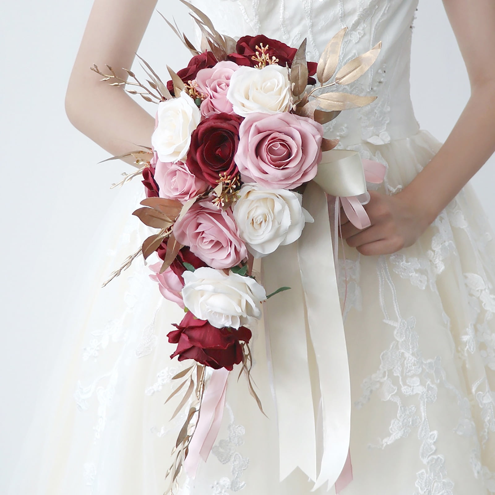 Sardfxul Wedding Cascading Bride Bouquet Waterfall Artificial Holding Flower with Ribbon