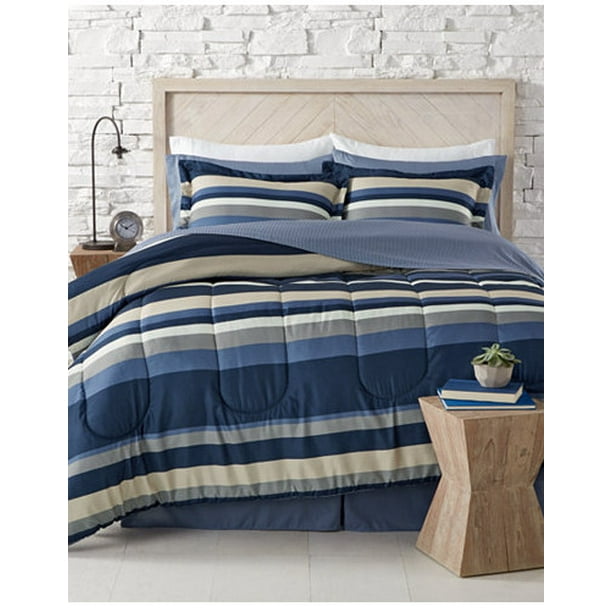 Blue White Khaki Gray Teen Boys Nautical Stripe Queen Comforter Set 8 Piece Bed In A Bag Walmart Com Walmart Com