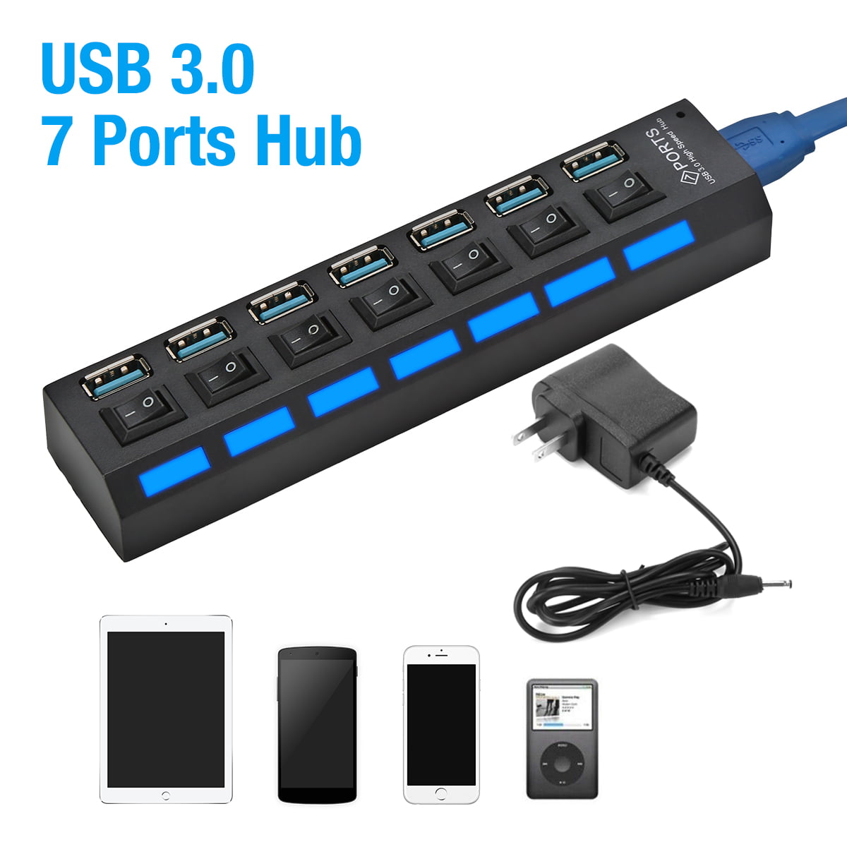 4 Ports Powered USB 3.0 HUB Splitter 5Gbps High Speed AC Adapter Power F7L6 