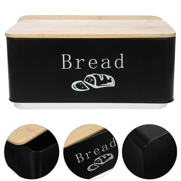 WASHWEPE 1Set Kitchen Countertop Bread Box in Black with Bamboo Lid for Households and Bakeries