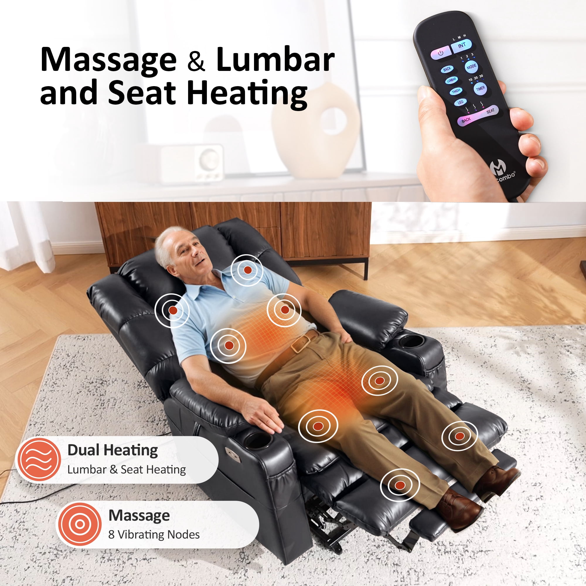 MCombo Large Triple Motor Power Lift Recliner Chair for Tall Elderly, Faux Leather, Black