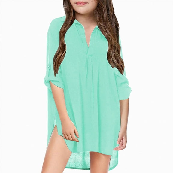 Gubotare Beach Cover Ups for Girls Girls Chiffon Swim Cover Up Kids V Neck Swimsuit Lightweight Loose Flowy Coverup Long Sleeves Beach Shirt Bathing Suit Size 8-9 (Mint Green,8-9 Years)