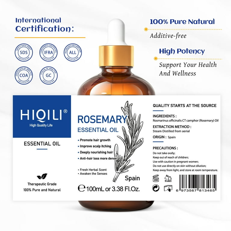HIQILI Rosemary Oil for Hair Growth, Pure Rosemary Essential Oil for Hair,  Skin, Diffuser, Massage, Add to Shampoo, Conditioner - 100ml 