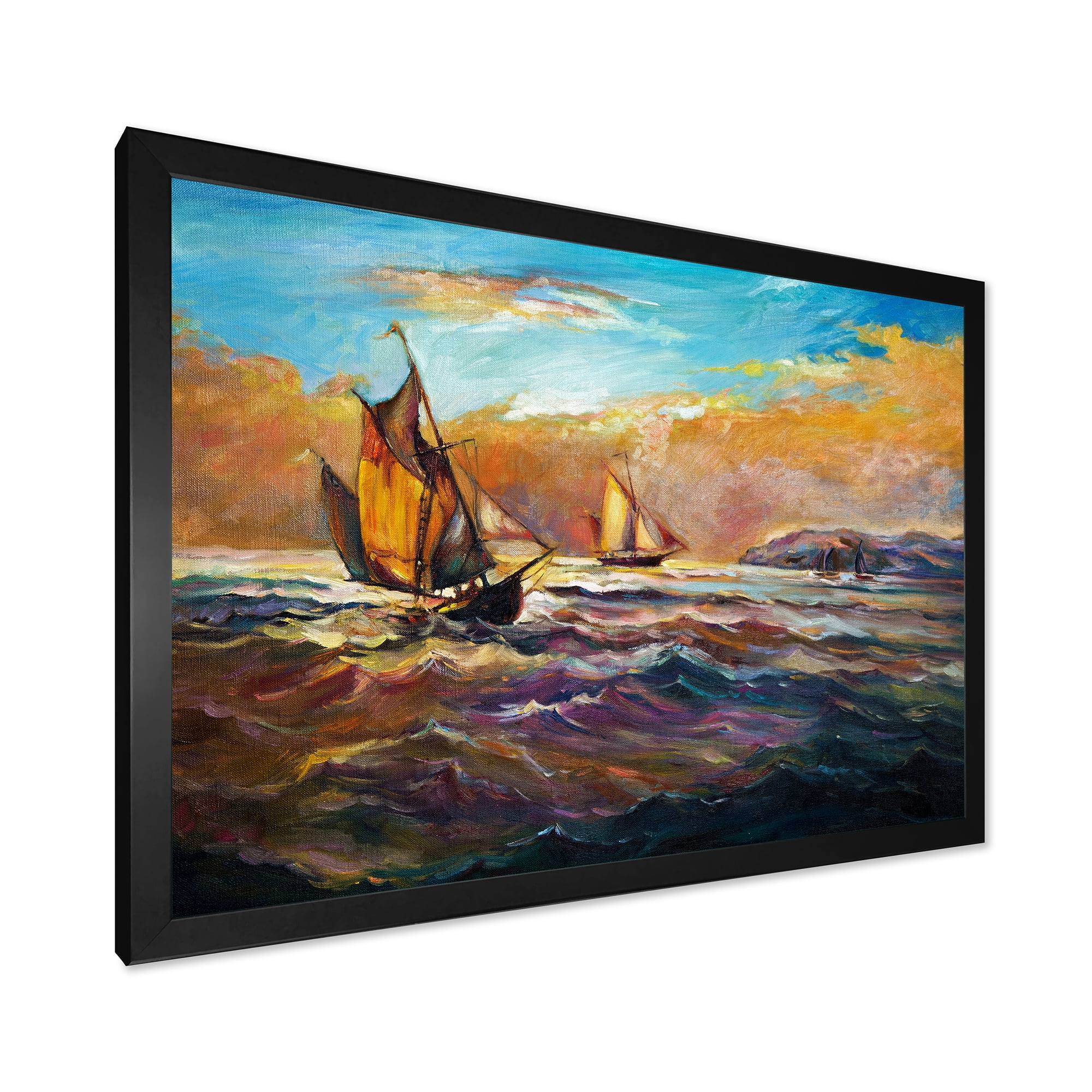 Boats During Evening Sunset In The Ocean II 20 in x 12 in Framed Painting Canvas Art Print, by Designart