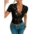 thumbnail image 2 of Mesh Top for Women Short Sleeve Crew Neck Fitted Top Solid Floral Lace Tee Shirts V Neck Sheer Blouses Black XL, 2 of 7