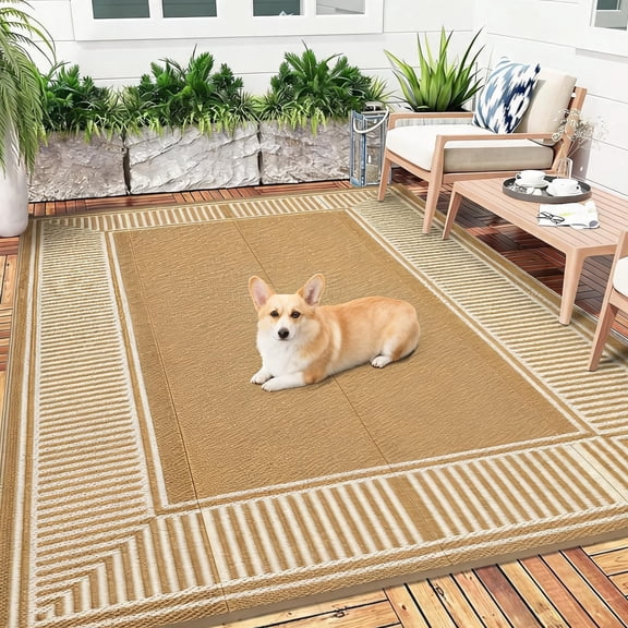 Waterproof Reversible Outdoor Rug 9x18ft – Brown | Striped Plastic Straw Patio Carpet, Washable, Collapsible, Easy Clean, All-Weather Mat – For Garden, Deck