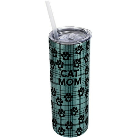 

Elanze Designs Plaid Paw Prints Turquoise Blue 20 Ounce Double Wall Stainless Steel Glitter Travel Tumbler With Sliding Lid And Straw Cat Mom