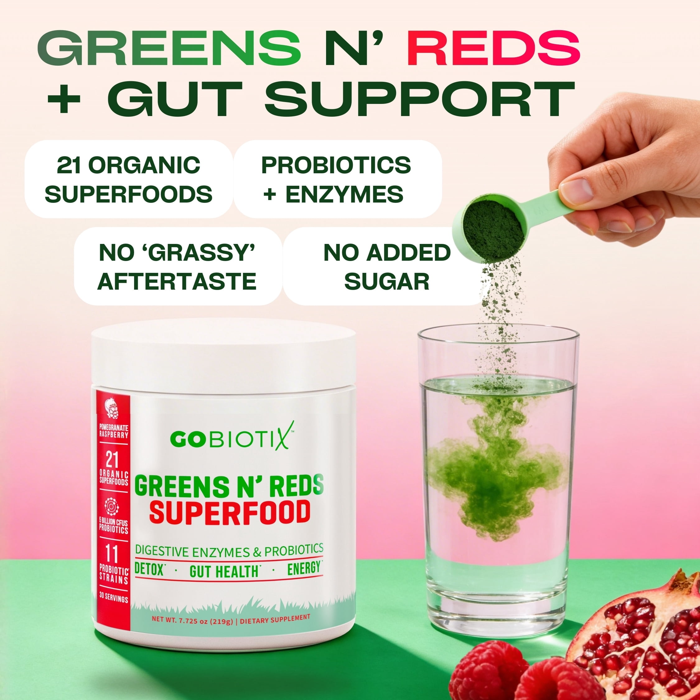 GoBiotix Super Greens & Reds Organic Super Greens Powder with Probiotics for Digestion, 30 Servings, Reds Flavor